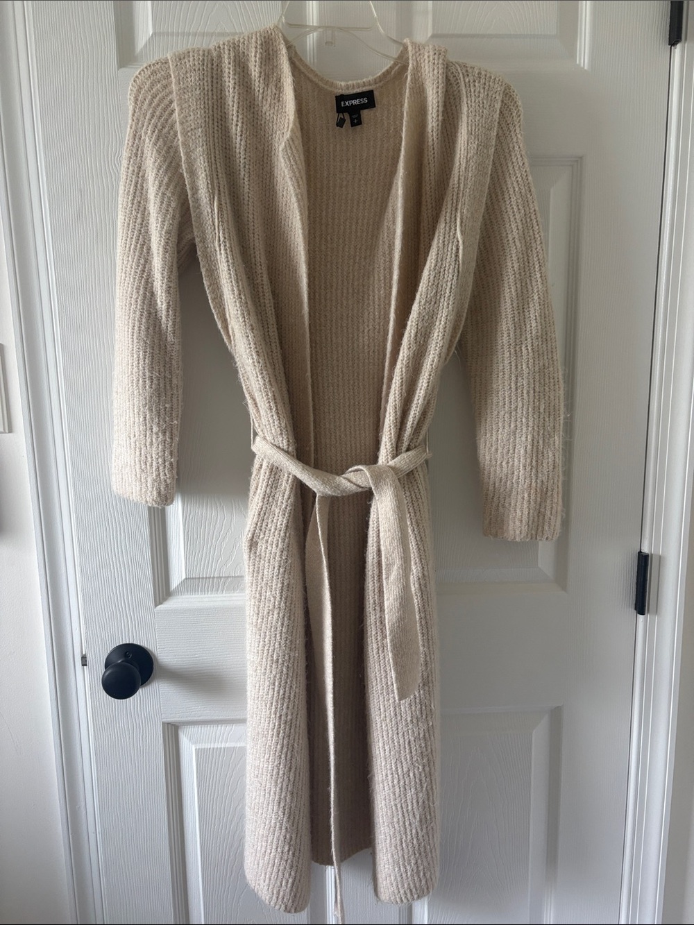 Express Cream Long Ribbed Open-Front Cardigan with Belt